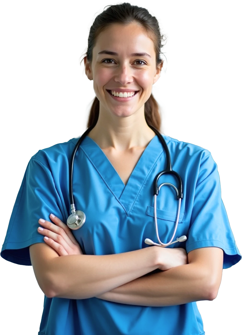 A smiling healthcare worker in scrubs with a stethoscope.